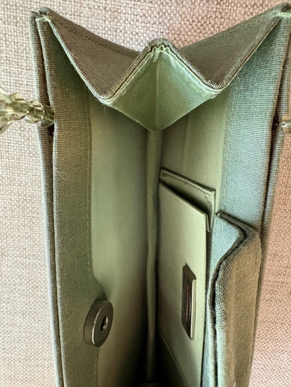 Talbots Sage Green Linen Silk Mini Bag Beaded Handle Structured Evening Clutch - Picture 6 of 10